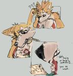 anthro attakoii big_breasts breasts canid canine clara_(attakoii) clothed clothing confusion dialogue digital_media_(artwork) document duo ear_piercing ear_ring english_text extreme_size_difference female female_anthro fox fur hair hi_res human larger_anthro larger_female macro macro_anthro macro_female mammal melon_(attakoii) paper piercing ponytail question_mark red_hair ring_piercing simple_background size_difference smaller_female smaller_human tan_body tan_fur teeth text topwear yapping