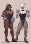 2025 anthro biceps big_muscles black_bow_tie black_clothing black_footwear black_high_heels black_latex blue_eyes bow_tie brown_body brown_fur brown_hair brown_hyena brown_nose bulge butt_dimples cheek_tuft clothing collar collarbone cuffs_(clothing) deltoids digital_drawing_(artwork) digital_media_(artwork) duo facial_piercing facial_tuft footwear fur green_eyes grey_body grey_nose grey_stripes hair hi_res high_heels holding_list holding_object holding_pen holding_tray hyena inner_ear_fluff jakobus latex latex_clothing latex_skinsuit legwear long_hair looking_at_viewer male mammal muscular muscular_male navel_outline nezha_(undercovernezha) nose_piercing nose_ring nylon_stockings pecs pen piercing ring_piercing shaded shoes skinsuit smile stockings striped_hyena stripes tail teeth tight_clothing tuft undercovernezha waiter white_hair