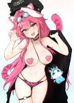  1girl absurdres animal_ears animal_print areko artist_name bikini black_choker black_coat black_hat blush bow_necklace breasts cat_o-ring chattino_(raora_panthera) choker claw_pose coat collarbone commentary eyeshadow fang gradient_background hat heart_pasties highres hololive hololive_english jewelry large_breasts leopard_print leopard_print_bikini long_hair looking_at_viewer makeup multicolored_hair navel necklace o-ring o-ring_thigh_strap open_mouth panther_ears panther_girl panther_tail pasties pink_bikini pink_eyeshadow pink_hair pink_tail print_bikini raora_panthera smile solo stomach streaked_hair swimsuit tail thigh_strap thighs topless_female two-tone_hair virtual_youtuber white_background white_hair yellow_eyes 