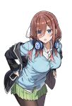  1girl black_jacket black_pantyhose blue_cardigan blue_eyes breasts brown_hair cardigan commentary_request facing_to_the_side frown go-toubun_no_hanayome green_skirt headphones headphones_around_neck highres jacket jacket_partially_removed large_breasts leaning_forward long_hair looking_at_viewer miniskirt nakano_miku open_mouth pantyhose partially_unbuttoned puteme shirt skirt solo white_background white_shirt 