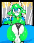 anthro anus band-aid bandage blue_body blue_eyes blue_fur blush bodily_fluids bovid bovine breasts butt cattle clothed clothing clothing_aside collar cowbell ear_piercing ear_tag female fur genitals green_body green_fur hi_res horn jayjay_idingo looking_at_viewer mammal mtcerber musical_note musical_symbol nipples panties panties_aside piercing plump_labia presenting puffy_anus solo spots spread_legs spreading sweat symbol teats topless udders underwear underwear_aside vulva
