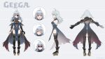  1girl ahoge armor ass back black_gauntlets blue_dress blue_eyes breasts clawed_gauntlets cleavage dress eyepatch from_side full_body gauntlets general_geega grey_background grey_hair hair_ornament heterochromia highres indie_virtual_youtuber large_breasts leg_armor leotard loincloth long_hair multiple_expressions official_art one_eye_closed open_mouth pointy_ears red_eyes reference_sheet see-through_cleavage see-through_clothes see-through_leotard shoulder_armor single_gauntlet smile surprised szainx thighs tongue tongue_out tsunooki virtual_youtuber 