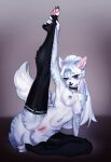 absurd_res anthro blue_eyes female fur hi_res leg_grab looking_at_viewer lovellen raised_leg solo white_body white_fur