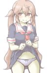  1girl akara_kai black_serafuku black_shirt black_skirt brown_eyes brown_hair clothes_lift commentary_request cowboy_shot grey_panties highres kantai_collection lifting_own_clothes long_hair looking_at_viewer murasame_(kancolle) panties sailor_collar school_uniform serafuku shirt skirt skirt_lift solo twintails underwear white_sailor_collar 