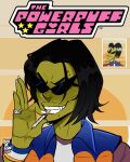  1boy absurdres ace_(ppg) artist_name black_hair blue_vest boyofzoot colored_skin commentary commission dated english_commentary fang green_skin highres holding_joint logo male_focus medium_hair orange_vest parody parted_hair portrait powerpuff_girls purple_shirt shirt silver_ring style_parody sunglasses teeth vest white_shirt yellow_background 