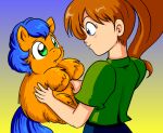 5_fingers ambiguous_feral ambiguous_gender blue_bottomwear blue_clothing blue_eyes blue_hair blue_tail blush bottomwear brown_hair cel_shading clothing duo english_description eye_contact eyelashe female female_human feral fingers fluffy_pony fluffy_pony_(species) fur gradient_background green_clothing green_eyes green_shirt green_topwear hair hooves human lifting_another light light_body light_skin lighting looking_at_another mammal marcusmaximus monotone_body monotone_clothing monotone_fur monotone_hair monotone_skin monotone_tail mouth_closed open_mouth orange_body orange_fur orange_hooves ponytail quadruped shaded shirt simple_background smile tail tied_hair topwear