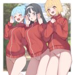  3girls black_hair blonde_hair blue_hair blurry blurry_background blush bottomless breasts cleft_of_venus closed_eyes commentary_request exhibitionism grey_eyes hairband highres jacket jersey large_breasts long_hair long_sleeves medium_breasts multiple_girls no_panties open_mouth orange_eyes original outdoors ponytail public_indecency pussy short_hair small_breasts smile soyo1558686 sportswear track_jacket track_suit white_hairband 