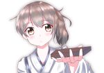  1girl brown_eyes brown_hair candy chocolate chocolate_bar commentary food japanese_clothes kaga_(kancolle) kantai_collection kominato_haru long_hair looking_at_viewer side_ponytail simple_background solo upper_body white_background 
