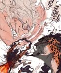  2boys alternate_form clenched_teeth commentary facial_hair gear_fifth goatee goggles hagoromo hat highres leopard_boy male_focus mnnd monkey_d._luffy multiple_boys multiple_views one_piece pants purple_sash rob_lucci sash sharp_teeth shawl simple_background smile straw_hat teeth untranslatable_commentary white_background white_hair white_pants 