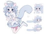  1girl :d @_@ animal_ears apron black_eyes blue_dress blue_hair blue_halo blunt_bangs blush_stickers chibi closed_eyes commentary_request double_bun dress hair_bun halo highres holding holding_stuffed_toy mini_wings multiple_views niyu_(nennenkorori3) open_mouth shoes short_dress short_hair short_sleeves simple_background smile socks squirrel_ears squirrel_girl squirrel_tail stuffed_animal stuffed_toy tail teddy_bear white_apron white_background white_shoes white_socks wings 