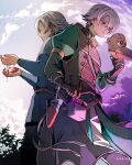  2boys absurdres artist_name back-to-back blood blood_on_hands blue_sky cloud commentary_request dual_persona highres holding holding_mask male_focus mask multiple_boys octopath_traveler octopath_traveler_ii outdoors plague_doctor_mask poison purple_sky red_eyes rico_ot short_hair sky spoilers standing trousseau_(octopath_traveler) unworn_mask vial white_hair 