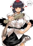  1girl akachan0219 bag belt black_hair black_skirt black_wings blunt_bangs blush breasts commentary frills giving hand_on_own_hip hat highres holding holding_newspaper looking_at_viewer medium_breasts medium_hair newspaper parted_lips pointy_ears pom_pom_(clothes) red_eyes shameimaru_aya shirt shoulder_bag skirt solo tokin_hat touhou white_background white_shirt wings 