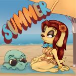 1:1 accessory anima_(turkojar) anthro beach bikini bird_dog canid canine canis clothing domestic_dog duo eublepharid eyeshadow eyewear female flower flower_in_hair gecko hair hair_accessory head_only hi_res hunting_dog labrador leopard_gecko lizard magic_user makeup male mammal necromancer parasol paws pinup plant pose red_eyes red_hair reptile retriever scalie sea summer sunglasses swimwear text turkojar two-piece_swimsuit undead valag_viladal water zombie
