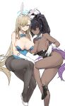  2girls absurdres animal_ear_hairband animal_ears ass asuna_(blue_archive) asuna_(bunny)_(blue_archive) bare_shoulders black_hair black_leotard black_pantyhose black_shoes blonde_hair blue_archive blue_bow blue_bowtie blue_eyes blue_halo blue_leotard blush bow bowtie breasts breasts_apart collarbone commentary_request detached_collar fake_animal_ears gloves gradient_hair grin hair_between_eyes hair_over_one_eye hair_ribbon hairband halo high_heels highres karin_(blue_archive) karin_(bunny)_(blue_archive) large_breasts leotard long_hair looking_at_viewer multicolored_hair multiple_girls pantyhose ponytail purple_hair purple_halo rabbit_ear_hairband rabbit_ears ribbon shoes sitting smile thighband_pantyhose thighs very_long_hair white_gloves white_shoes wizast wrist_cuffs yellow_eyes 