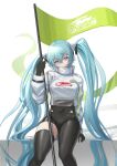  1girl absurdres asymmetrical_bodysuit black_bodysuit black_gloves black_thighhighs blue_eyes blue_hair bodysuit bodysuit_under_clothes covered_navel cropped_jacket cropped_legs cyber_fashion flag flagpole gloves goodsmile_company goodsmile_racing green_flag green_gloves hair_between_eyes hatsune_miku head_tilt headgear highres holding holding_flag holding_pole jacket long_hair long_sleeves looking_at_viewer multicolored_gloves natsugou_shinogi parted_lips pole racing_miku racing_miku_(2022) simple_background single_thighhigh sitting solo thighhighs thighs twintails two-tone_gloves very_long_hair vocaloid white_background white_jacket 