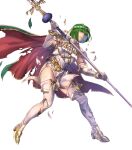  1girl armor belt black_legwear boots breastplate broken_armor cape clenched_teeth dithorba_(fire_emblem) dress elbow_gloves fire_emblem fire_emblem:_genealogy_of_the_holy_war fire_emblem_heroes full_body gloves gold_trim green_eyes green_hair high_heels highres holding holding_weapon looking_away official_art parted_lips polearm shiny shiny_hair shiny_skin short_dress short_hair shoulder_armor sleeveless solo spear teeth thigh_boots thighhighs thighs torn_cape torn_clothes transparent_background turtleneck weapon white_dress white_footwear white_gloves yoneko_okome99 zettai_ryouiki 