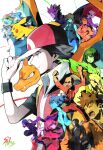  5girls 6+boys agatha_(pokemon) arms_up backpack bag bald baseball_cap black_jacket black_shirt blaine_(pokemon) blastoise breasts brock_(pokemon) brown_hair bruno_(pokemon) charizard clenched_hands closed_mouth commentary_request cowboy_shot crossed_arms erika_(pokemon) facial_hair from_side giovanni_(pokemon) glasses hairband hat high_side_ponytail highres jacket japanese_clothes kimono koga_(pokemon) lance_(pokemon) lapras long_hair lorelei_(pokemon) lt._surge mask medium_breasts misty_(pokemon) mouth_mask multiple_boys multiple_girls mustache necktie ninja old old_woman open_mouth parted_lips pikachu pokemon pokemon_(creature) pokemon_day pokemon_firered_and_leafgreen profile red_(pokemon) red_hat red_vest sabrina_(pokemon) samugohan3658 scarf serious shirt short_hair short_sleeves side_ponytail signature snorlax spiked_hair sunglasses topless_male upper_body venusaur vest wristband 
