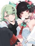  031zerosai 2girls :i ahoge arm_warmers bare_shoulders black_choker black_hair bow breasts cheek_pull cheek_squash choker clothing_cutout commentary_request green_eyes green_hair hair_bow hair_ornament hairclip highres multiple_girls nangong_yu navel navel_cutout pink_arm_warmers pink_bow pink_hair red_eyes simple_background sunna_(zenless_zone_zero) white_background zenless_zone_zero 