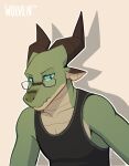  2018 anthro biped blue_eyes clothed clothing dragon english_text eyewear glasses green_body green_scales hi_res horn itswolven looking_down male pupils scales scalie shirt signature simple_background slit_pupils solo tank_top text topwear vynn_(itswolven) white_background 