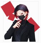  1girl black_hair black_nails black_suit black_sweater cellphone commentary covered_mouth cropped_torso earrings eyeliner gradient_hair highres holding holding_phone jewelry kisaragi_ren_(vspo!) looking_at_viewer makeup mask mouth_mask multicolored_hair parted_hair phone red_eyeliner red_eyes red_hair ribbed_sweater short_hair smartphone solo suit sweater temari_maco upper_body virtual_youtuber vspo! 