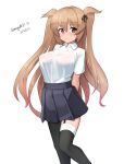  1girl absurdres arms_behind_back asymmetrical_legwear black_pantyhose black_skirt black_thighhighs breasts brown_eyes brown_hair collared_shirt commentary_request dated dress_shirt feet_out_of_frame garter_straps heterochromia highres kantai_collection large_breasts long_hair maru_(marg0613) murasame_(kancolle) murasame_kai_ni_(kancolle) one-hour_drawing_challenge pantyhose pleated_skirt red_eyes shirt short_sleeves simple_background single_leg_pantyhose single_thighhigh skirt solo standing thighhighs twitter_username two_side_up white_background white_shirt 