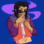  1boy ace_(ppg) artist_name black_eyes black_hair blue_background blue_vest bracelet brown_pants cigarette colored_sclera colored_skin commentary cowboy_shot english_commentary fang green_skin highres holding holding_cigarette holding_lighter jewelry lighter male_focus medium_hair open_mouth orange_vest pants parted_hair pink_sclera powerpuff_girls purple_shirt raised_eyebrow shirt signature smoke smoking sucharandomwolf sunglasses teeth vest white_shirt 