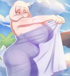 absurd_res anthro big_breasts biped bovid breasts caprine eyelashes female female_anthro glistening glistening_body hi_res huge_breasts mammal mature_anthro mature_female outside palm_tree plant pupils solo teapose2 toriel towel translucent tree undertale_(series) white_body