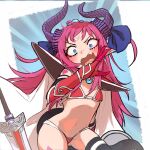  1girl armor bikini_armor black_gloves black_thighhighs blue_eyes blush breasts cape curled_horns detached_collar discat dragon_horns dragon_tail elbow_gloves elizabeth_bathory_(brave)_(fate) elizabeth_bathory_(fate) fate/grand_order fate_(series) gauntlets gloves hairband highres horns long_hair looking_at_viewer navel open_mouth pauldrons pink_hair pointy_ears red_armor shield shoulder_armor small_breasts solo sword tail thighhighs weapon white_cape 