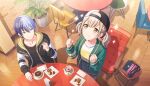  1boy 1girl aoyagi_touya azusawa_kohane backwards_hat baseball_cap black_hat black_hoodie black_shirt blonde_hair blue_hair blue_shorts brown_eyes cardigan chair checkerboard_cookie clenched_hand clenched_hands closed_mouth coffee coffee_mug collarbone colorful_palette cookie couch cup denim denim_shorts dot_nose double-parted_bangs excited feet_out_of_frame food game_cg green_cardigan hair_between_eyes hat highres hood hood_down hoodie indoors long_hair looking_at_another looking_up low_twintails mole mole_under_eye mug multicolored_hair official_art on_couch open_cardigan open_clothes plant plate potted_plant project_sekai saucer shirt short_hair shorts sitting smile sparkle split-color_hair split_mouth spoon standing table take_the_best_shot!_(project_sekai) tareme third-party_source tsurime twintails two-tone_cardigan two-tone_hat two-tone_hoodie v-shaped_eyebrows white_hat white_hoodie white_shirt yellow_cardigan 
