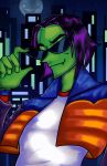  1boy ace_(ppg) black_hair blue_vest city colored_skin commentary english_commentary fang full_moon green_skin highres male_focus marker_(medium) medium_hair moon mothe--e night orange_vest outdoors parted_hair powerpuff_girls purple_shirt shirt sky star_(sky) starry_sky sunglasses traditional_media upper_body vest white_shirt 