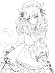  1girl animal_ears apron breasts cat_ears cat_tail closed_mouth commentary_request dress facial_mark final_fantasy final_fantasy_xiv frilled_dress frilled_wrist_cuffs frills greyscale light_blush long_hair looking_to_the_side maid maid_apron maid_headdress medium_breasts miqo'te momoko_(momopoco) monochrome simple_background sketch solo tail unfinished warrior_of_light_(ff14) whisker_markings white_background wing_collar wrist_cuffs 