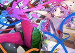  1girl :q absurdres black_gloves blonde_streaks blue_streaks closed_mouth commentary downturned_eyes dutch_angle eyewear_on_head feet_out_of_frame from_below gloves goggles goggles_on_head green_skirt hair_ornament hairclip heaven_burns_red highres holding holding_paintbrush indoors ishii_iroha looking_at_viewer looking_down mask mask_pull medium_hair miniskirt multicolored_hair narby_(heaven_burns_red) necktie paint paint_can paint_on_clothes paint_splatter paintbrush pantyhose parted_bangs pleated_skirt purple_eyes purple_hair purple_pantyhose shirt sidelocks skirt slime_(creature) smile solo split_mouth streaked_hair thighs tongue tongue_out tsukune2398 twintails upskirt 