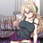  1girl 547th_sy alcohol bangs black_tank_top blonde_hair blush bottle bra_strap braid braided_bangs breasts brown_panties cup eyebrows_visible_through_hair hair_down hair_ribbon highres holding holding_cup kantai_collection large_breasts long_hair nose_blush off_shoulder panties pantyshot perth_(kancolle) plaid plaid_skirt purple_eyes ribbon skirt smile solo tank_top thighhighs underwear 