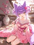  1girl absurdres ahoge architecture bare_shoulders blue_eyes breasts cleavage collarbone cone_hair_bun double_bun east_asian_architecture fang floral_print floral_print_kimono fox_girl fox_tail frilled_kimono frills full_body gumagom2 hair_bun hair_ornament hair_rings hand_fan heterochromia highres holding holding_fan indoors japanese_clothes kimono obi open_mouth petals pink_kimono pink_sash plant pom_pom_(clothes) pom_pom_hair_ornament potted_plant print_kimono purple_hair round_window sash sitting solo stellive tail tenko_shibuki virtual_youtuber window yellow_eyes yokozuwari 