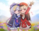  2girls ahoge arm_up backpack bag bangs bead_necklace beads blonde_hair blurry blurry_background blush braid closed_mouth dress feathers genshin_impact hair_ornament hat hat_feather heart highres jewelry klee_(genshin_impact) long_hair long_sleeves low_twintails lunia multiple_girls necklace open_mouth pointy_ears purple_hair purple_headwear qing_guanmao qiqi_(genshin_impact) red_dress red_headwear shorts single_braid twintails work_in_progress 