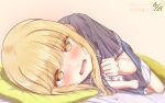  1girl :o @_@ absurdres blonde_hair blush clenched_hand commentary_request dated fujita_kotone gakuen_idolmaster gekikara_poteto grey_shirt highres idolmaster looking_at_viewer lying nose_blush on_side partial_commentary shirt solo sweatdrop translation_request yellow_eyes 