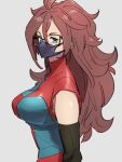  1girl android_21 blue_eyes breasts checkered checkered_dress dragon_ball dragon_ball_fighterz dress glasses grey_background kemachiku large_breasts long_hair looking_at_viewer mask mouth_mask red_hair simple_background solo 