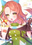  1girl animal_ears bare_shoulders black_gloves blush bow breasts brown_hair buttons coat cup double-breasted dress ear_covers ear_ribbon food gloves green_bow green_dress highres holding holding_cup holding_spoon horse_ears horse_girl king_halo_(king_of_emeralds)_(umamusume) king_halo_(umamusume) long_hair medium_breasts off-shoulder_coat off-shoulder_dress off_shoulder open_mouth parfait red_eyes solo spoon umamusume yamazaki_mihiro 