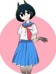  1girl animal_ears black_eyes black_hair blue_sailor_collar blue_skirt blush_stickers cat_ears closed_mouth cosplay flip_flappers gradient_skin green_hair hand_up head_tilt kokubunji_suou kuroi_moyamoya looking_at_viewer mechanical_ears mole mole_under_mouth neckerchief original papika_(flip_flappers) papika_(flip_flappers)_(cosplay) pink_background pleated_skirt red_sailor_collar ringed_eyes sailor_collar school_uniform serafuku shirt short_hair short_sleeves skirt smile solo standing white_shirt 