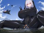  1girl absurdres aircraft airplane black_bodysuit black_veil bodysuit breasts bright_pupils cameltoe character_request cloud commentary_request commission copyright_request covered_navel covered_nipples fighter_jet giant giantess grey_hair highres large_breasts military_vehicle natsukaze_shigure nun pink_eyes skeb_commission sky smile taut_bodysuit v veil white_pupils 