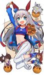  4girls absurdres ahoge akizuki_shigure animal_ears bag belt between_breasts black_pantyhose blue_bag blue_boots blue_dress blue_eyes blue_hairband blue_jacket blue_sailor_collar blue_scarf blue_skirt blue_sports_bra blue_wrist_cuffs blush boots bow braid breasts brooch brown_hair chest_sarashi chibi cleavage closed_eyes commentary_request dress ear_bow ear_covers ear_ribbon fang fingerless_gloves food fox_mask gloves green_eyes grey_hair grey_tail hair_between_eyes hairband headband highres horse_ears horse_girl horse_tail inari_one_(inari_yukari_edomurasaki)_(umamusume) inari_one_(umamusume) jacket japanese_clothes jewelry kimono kouhaku_nawa large_breasts lightning_bolt_print lightning_bolt_symbol long_hair long_sleeves looking_at_viewer mask mask_on_head midriff multicolored_hair multicolored_hairband multiple_girls navel neckerchief oguri_cap_(starlight_beat)_(umamusume) oguri_cap_(umamusume) open_mouth pants pantyhose pleated_skirt purple_kimono red_belt red_headband red_neckerchief rope sailor_collar sarashi scarf scrunchie shimenawa shirt shoulder_bag skin_fang skirt small_breasts smile sports_bra star_brooch strap_between_breasts streaked_hair striped_clothes striped_hairband super_creek_(murmuring_stream)_(umamusume) super_creek_(umamusume) tail takoyaki tamamo_cross_(fast_as_lightning)_(umamusume) tamamo_cross_(umamusume) tasuki teeth thigh_boots twintails two-tone_hairband umamusume upper_teeth_only very_long_hair white_hair white_jacket white_pants white_shirt wrist_cuffs wrist_scrunchie 