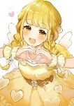  1girl absurdres blonde_hair blush braid commentary dress fang frilled_wristband fujita_kotone gakuen_idolmaster heart heart_hands highres idolmaster jiko_koutei_kan_baku_age_shuki_shuki_song_(idolmaster) long_hair official_alternate_costume roiro_koko skin_fang smile solo twin_braids white_wings wings yellow_dress yellow_eyes 