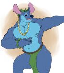 2021 5_fingers absurd_res alien anthro anthrofied blue_body blue_eyes blue_fur blue_nose chest_tuft dancing disney experiment_(lilo_and_stitch) fingers fur head_tuft hi_res hula hula_dancer humanoid_hands jewelry koffisusu69 lilo_and_stitch male muscular muscular_anthro muscular_male navel necklace nipples notched_ear open_mouth open_smile pecs smile solo stitch_(lilo_and_stitch) tuft 