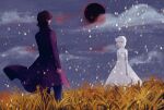  1boy 1girl black_sun brown_hair claudia_hortensia cloud commentary_request dress eyepatch fate/zero fate_(series) gogatuguriko highres kotomine_kirei looking_at_another medical_eyepatch pale_skin priest short_hair snowing sun wheat_field white_dress white_hair yellow_eyes 