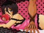  0ccultclub 1boy 1girl apple black_hair bleach breasts commentary dark-skinned_male dark_skin derivative_work eating food fruit hair_between_eyes highres holding holding_food holding_fruit kuchiki_rukia kurosaki_ichigo lingerie lying on_stomach open_mouth petite polka_dot polka_dot_background purple_eyes short_hair small_breasts underwear watermark web_address 