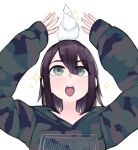  1girl bird brown_hair camouflage camouflage_hoodie green_eyes hair_between_eyes hands_above_head hands_up hood hoodie long_sleeves medium_hair open_mouth original parrot simple_background solo sparkle upper_body upper_teeth white_background yoako 