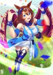  1girl animal_ears armpits bag blue_bag blue_boots blue_dress blue_eyes blue_scarf blue_wrist_cuffs blush boots bow braid breasts brown_hair commentary_request confetti dress ear_bow ear_ribbon fukami_(trash_sp) hair_between_eyes highres horse_ears horse_girl horse_tail large_breasts long_hair looking_at_viewer multicolored_hair open_mouth outdoors scarf shoulder_bag smile solo streaked_hair super_creek_(murmuring_stream)_(umamusume) super_creek_(umamusume) tail teeth tenno_sho thigh_boots umamusume upper_teeth_only very_long_hair white_hair wrist_cuffs 