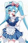  1girl apron aqua_eyes aqua_hair blue_dress blue_hat blush blush_stickers bow buttons cowboy_shot double-breasted dress frilled_skirt frills hair_between_eyes hair_bow hand_up hat hatsune_miku highres mesmerizer_(vocaloid) one_eye_closed puffy_short_sleeves puffy_sleeves senseisayo5r6 short_sleeves skirt solo star-shaped_pupils star_(symbol) symbol-shaped_pupils twintails visor_cap vocaloid waist_apron white_apron wrist_cuffs 