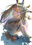  +_+ 1girl absurdres almond_eye_(the_changer)_(umamusume) almond_eye_(umamusume) animal_ears blue_eyes blue_gloves blush bow_hairband braid braided_sidelocks breasts bright_pupils brown_hair checkered_collar cleavage closed_mouth colored_inner_hair detached_sleeves dress fingerless_gloves g0ldmonk gloves hair_ornament hairband hairclip highres horse_ears horse_girl large_breasts long_hair looking_at_viewer multicolored_hair red_button sidelocks simple_background smile solo symbol-shaped_pupils umamusume white_background white_hairband x-shaped_pupils 