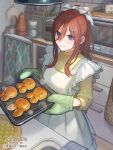  1girl animal-themed_food apron baking baking_sheet blue_eyes bow brown_hair closed_mouth commentary_request copyright_name copyright_notice cup gloves go-toubun_no_hanayome green_gloves hair_between_eyes hair_bow highres holding_baking_sheet indoors kitchen light_blush looking_at_viewer microwave nakano_miku official_art oven oven_mitts ponytail sidelocks solo utaka_(anyoanyot) white_apron white_bow 